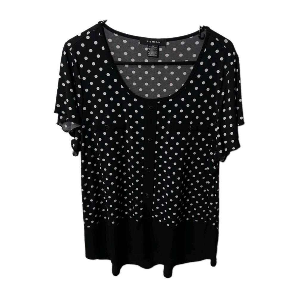 Liz McCoy XL Black White Geometric Polka Dot Blouse Stretchy Knit Top Shirt Work